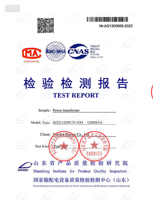 Test Type report for 12500kva transformer