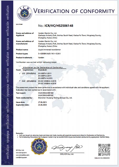 CE certification for liquid immersed transformer